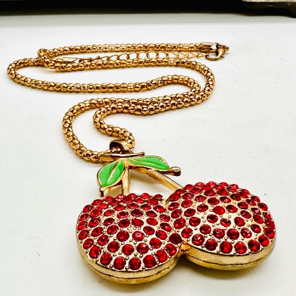 Retro Red Rhinestone Cherry Pendant Necklace - Picture 7 of 14